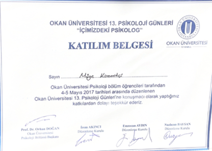 Okan Üniversitesi 13. Psikoloji Günleri Katılım Belgesi
