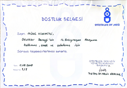 Dostluk Belgesi - Otistikler Derneği