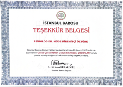 İstanbul Barosu Teşekkür Belgesi